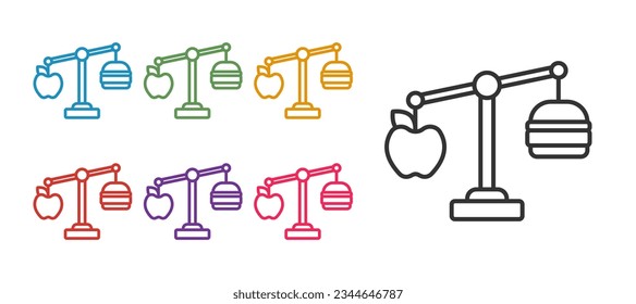 Set line Calorie calculator icon isolated on isolated on white background. Calorie count. Diet. Weight loss. Portion control. Healthy eating. Dietary nutrition. Set icons colorful. Vector