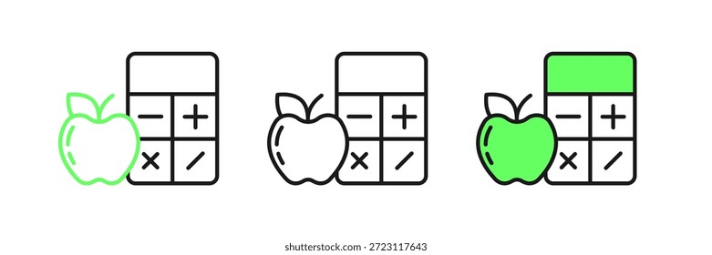 Definir linha Caloria ícone da calculadora isolado em isolado no fundo branco. Contagem de calorias. Dieta. Perda de peso. Controle de partes. Alimentação saudável. Nutrição alimentar.  Vetor