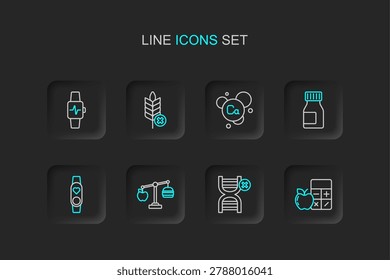 Set line Calorie calculator, No GMO, Smart watch with heart, Vitamins, Calcium, Gluten free grain and  icon. Vector