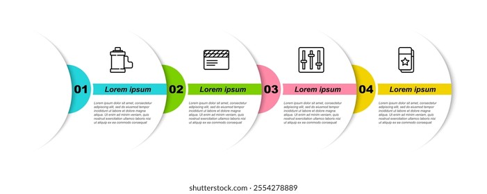 Set line Camera film roll cartridge, Movie clapper, Sound mixer controller and Cinema ticket. Business infographic template. Vector