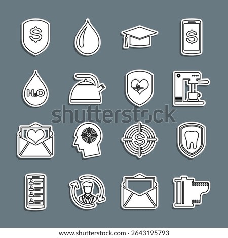 Set line Camera film roll cartridge, Dental protection, Coffee machine and cup, Graduation cap, Kettle with handle, Water drop H2O, Shield dollar and heart rate icon. Vector
