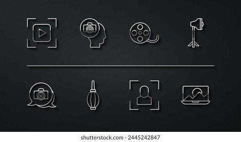 Set line Camera focus frame line, Photo camera, Studio light bulb softbox, Dust blower, retouching and Film reel icon. Vector