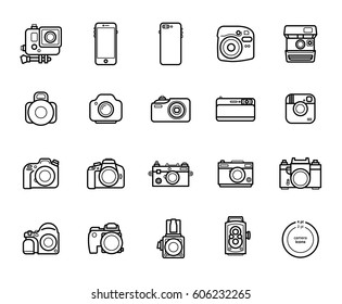 Set of Line Camera Icons on White Background. Smartphones, Action, Digital and Film Photo cameras Legendary Brands.