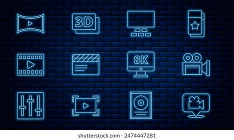 Set line Camera and location, Cinema camera, auditorium with seats, Movie clapper, Play Video, Online play video, Monitor 8k and 3D word icon. Vector