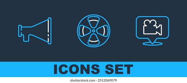 Set line Camera and location, Megaphone and Film reel icon. Vector