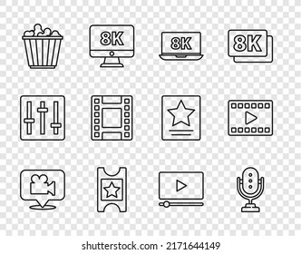 Set line Camera and location, Microphone, Laptop with 8k, Cinema ticket, Popcorn box, Play Video, Online play video and  icon. Vector
