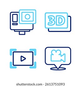 Set line Camera and location, Online play video, 3D word and Action extreme camera icon. Vector