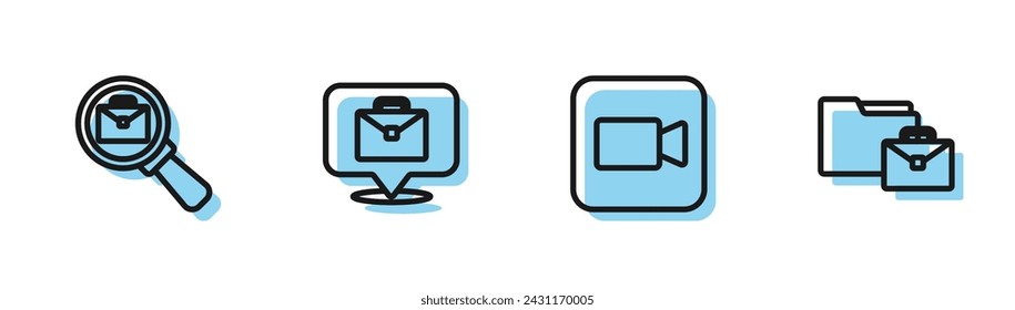 Set line Camera, Magnifying glass with briefcase, Online working and  icon. Vector