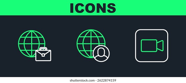 Set line Camera, Online working and Freelancer icon. Vector