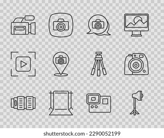 Set line Camera photo lens, Studio light bulb in softbox, Photo camera, Empty studio, Cinema, Action extreme and  icon. Vector