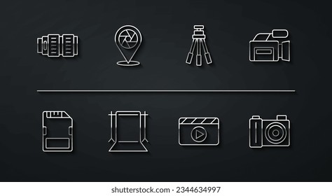 Set line Camera photo lens, SD card, Cinema camera, Movie clapper, Empty studio, shutter, Photo and Tripod icon. Vector