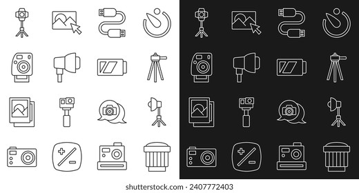 Set line Camera photo lens, Softbox light, Tripod, USB cable cord, Photo camera,  and Battery for icon. Vector