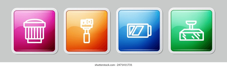 Set line Camera photo lens, Action camera, Battery for and Softbox light. Colorful square button. Vector