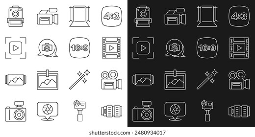 Lente fotográfica de la cámara, cámara de cine retro, cartucho de rollo de película, estudio vacío, foto, línea de fotograma de enfoque y 16 iconos. Vector