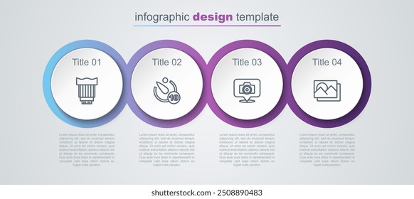 Set line Camera photo lens, timer, Photo camera and frame. Business infographic template. Vector