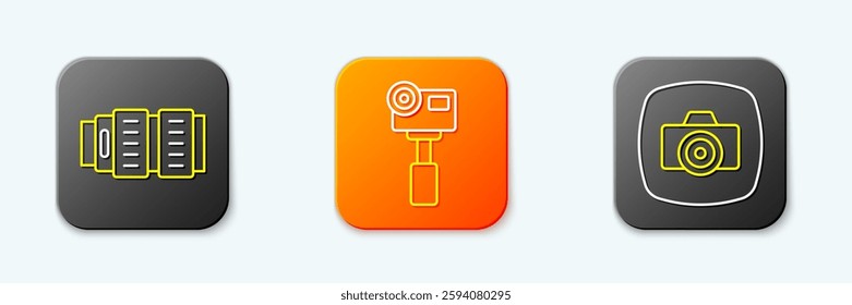 Set line Camera photo lens, Action extreme camera and Photo icon. Vector