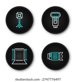 Set line Camera photo lens, Empty studio, Photo camera flash and Studio light bulb in softbox icon. Vector