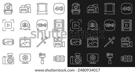 Set line Camera photo lens, Retro cinema camera, film roll cartridge, Empty studio, Photo, focus frame line,  and 16 icon. Vector