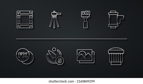 Set line Camera roll cartridge, Photo camera fx, frame, timer, Tripod, photo lens and Action icon. Vector