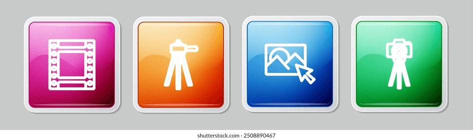 Set line Cartucho de rollo de cámara, trípode, retoque fotográfico y cámara. Colorido Botón cuadrado. Vector