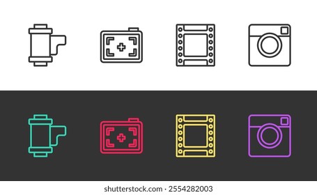 Set line Camera roll cartridge, Photo camera,  and  on black and white. Vector
