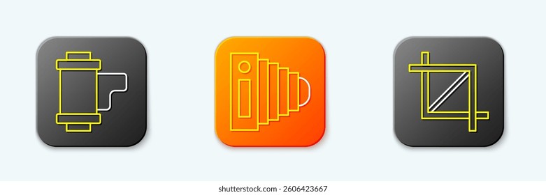 Set line Camera roll cartridge, Photo camera and Picture crop photo icon. Vector
