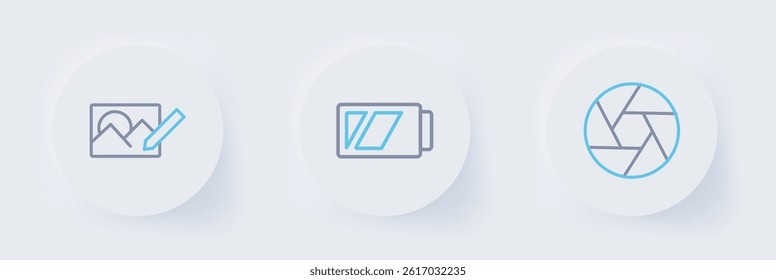 Set line Camera shutter, Battery for camera and Photo retouching icon. Vector