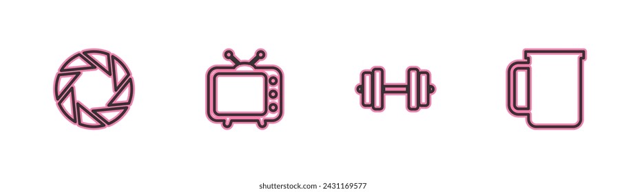 Set line Camera shutter, Dumbbell, Television tv and Coffee cup icon. Vector