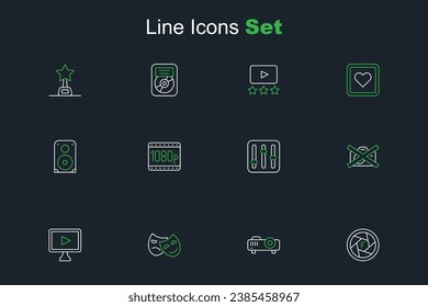 Set line Camera shutter, Movie, film, media projector, Comedy and tragedy masks, Online play video, Prohibition no recording, Sound mixer controller, Full HD 1080p and Stereo speaker icon. Vector