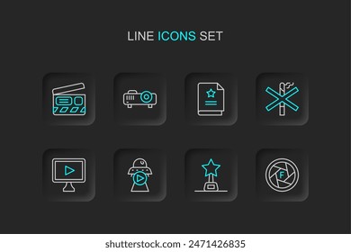 Set line Camera shutter, Movie trophy, Science fiction, Online play video, No smoking, Scenario, Movie, film, media projector and clapper icon. Vector