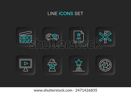 Set line Camera shutter, Movie trophy, Science fiction, Online play video, No smoking, Scenario, Movie, film, media projector and clapper icon. Vector