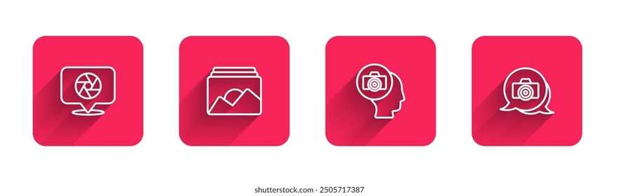Ajuste la línea del obturador de la cámara, marco de la foto, cámara y con la sombra larga. Botón cuadrado rojo. Vector