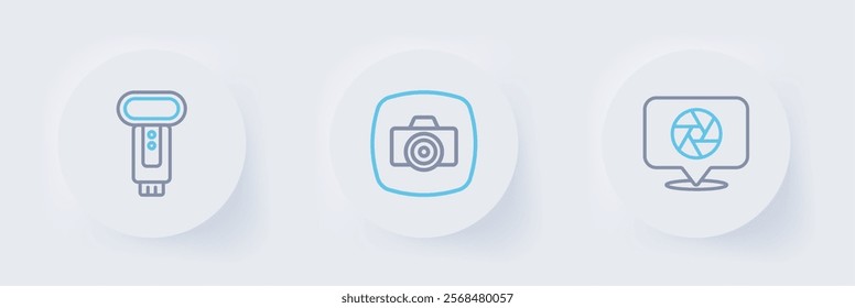 Set line Camera shutter, Photo camera and flash icon. Vector