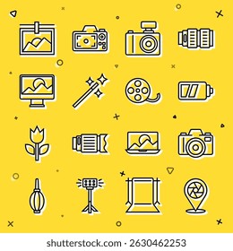 Set line Camera shutter, Photo camera, Battery for, retouching, frame and Film reel icon. Vector