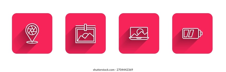 Ajuste o obturador da câmera da linha, moldura da foto, retoque e bateria para a câmera com sombra longa. Botão quadrado vermelho. Vetor