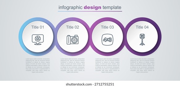Ajuste el obturador de la cámara, la cámara fotográfica, el marco 4 y la bombilla del estudio en softbox. Plantilla de infografía de negocios. Vector