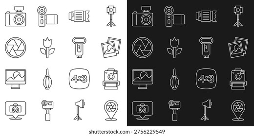 Set line Camera shutter, Photo camera, frame, photo lens, mode macro,  and flash icon. Vector
