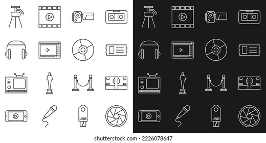 Set line Camera shutter, Stacks paper money cash, Cinema ticket, camera, Online play video, Headphones, Tripod and CD or DVD disk icon. Vector