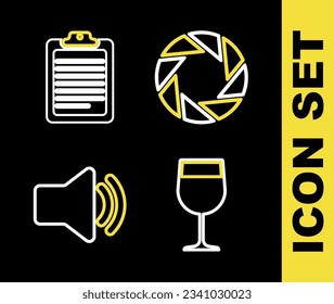 Set line Camera shutter, Wine glass, Speaker volume and Clipboard with document icon. Vector