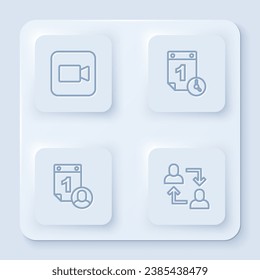 Set line Camera, Time management,  and Project team base. White square button. Vector