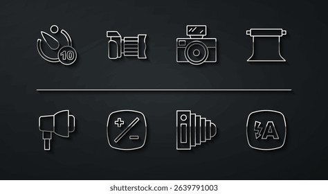 Set line Camera timer, Softbox light, Empty photo studio, Photo camera, Exposure compensation, Auto flash and with icon. Vector