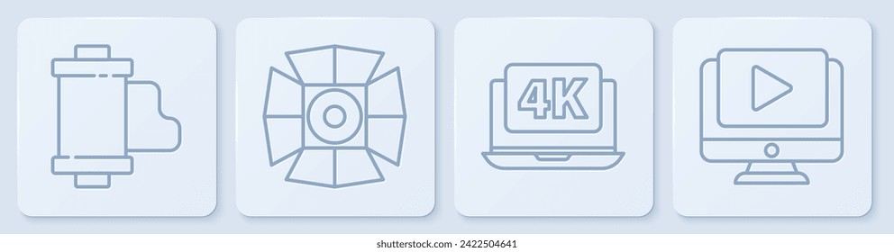 Set line Camera vintage film roll cartridge, Laptop with 4k video, Movie spotlight and Online play video. White square button. Vector