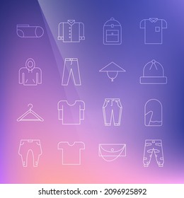 Set line Camouflage cargo pants, Christmas mitten, Winter hat, Backpack, Pants, Hoodie, Sport socks and Asian conical icon. Vector