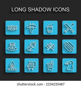 Set line Campfire, Barbecue grill, Star American military, Paper glass with straw, Eagle head, Firework, Hotdog sandwich and flag icon. Vector