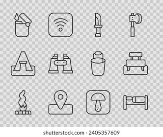 Set line Campfire, Bed, Knife, Location for camping, Lighter, Binoculars, Mushroom and Bench icon. Vector