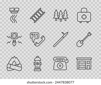 Set line Campfire, Building of station, Forest, Fire hydrant, Smoke alarm system, Telephone call 911,  and shovel icon. Vector