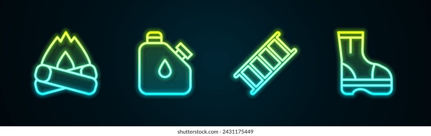 Set line Campfire, Canister fuel, Fire escape and boots. Glowing neon icon. Vector