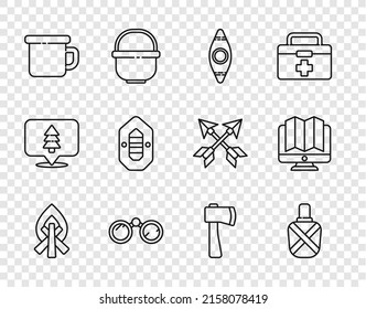 Set line Campfire, Canteen water bottle, Kayak or canoe, Binoculars, Camping metal mug, Rafting boat, Wooden axe and Location of the forest monitor icon. Vector