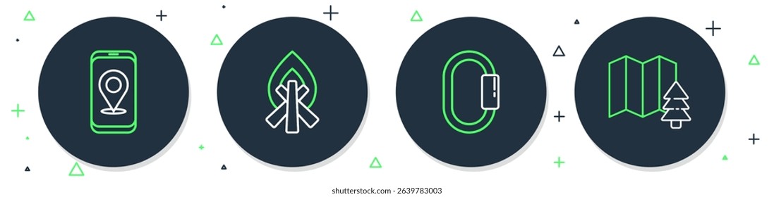 Set line Campfire, Carabiner, City map navigation and Location of the forest icon. Vector