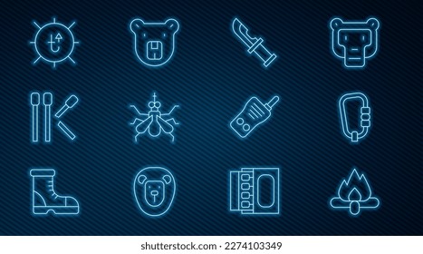 Die Linie Campfire, Carabiner, Jäger-Messer, Mosquito, Matches, Sonne, Walkie-Talkie und Bären-Kopfsymbol. Vektorgrafik